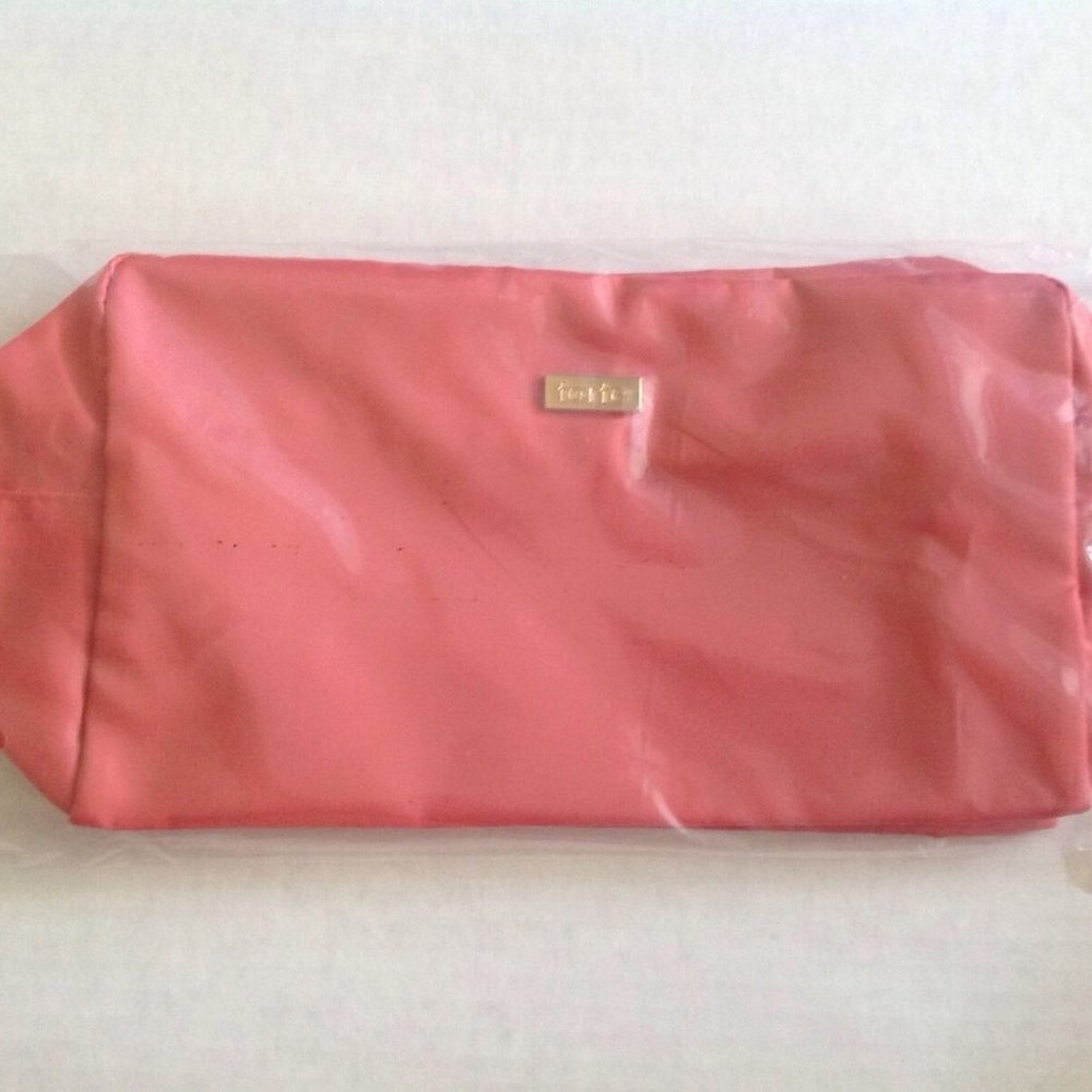 Tarte Cosmetics Coral Pink Nylon Makeup Bag Gold Logo Plate NEW - Picture 3 of 3